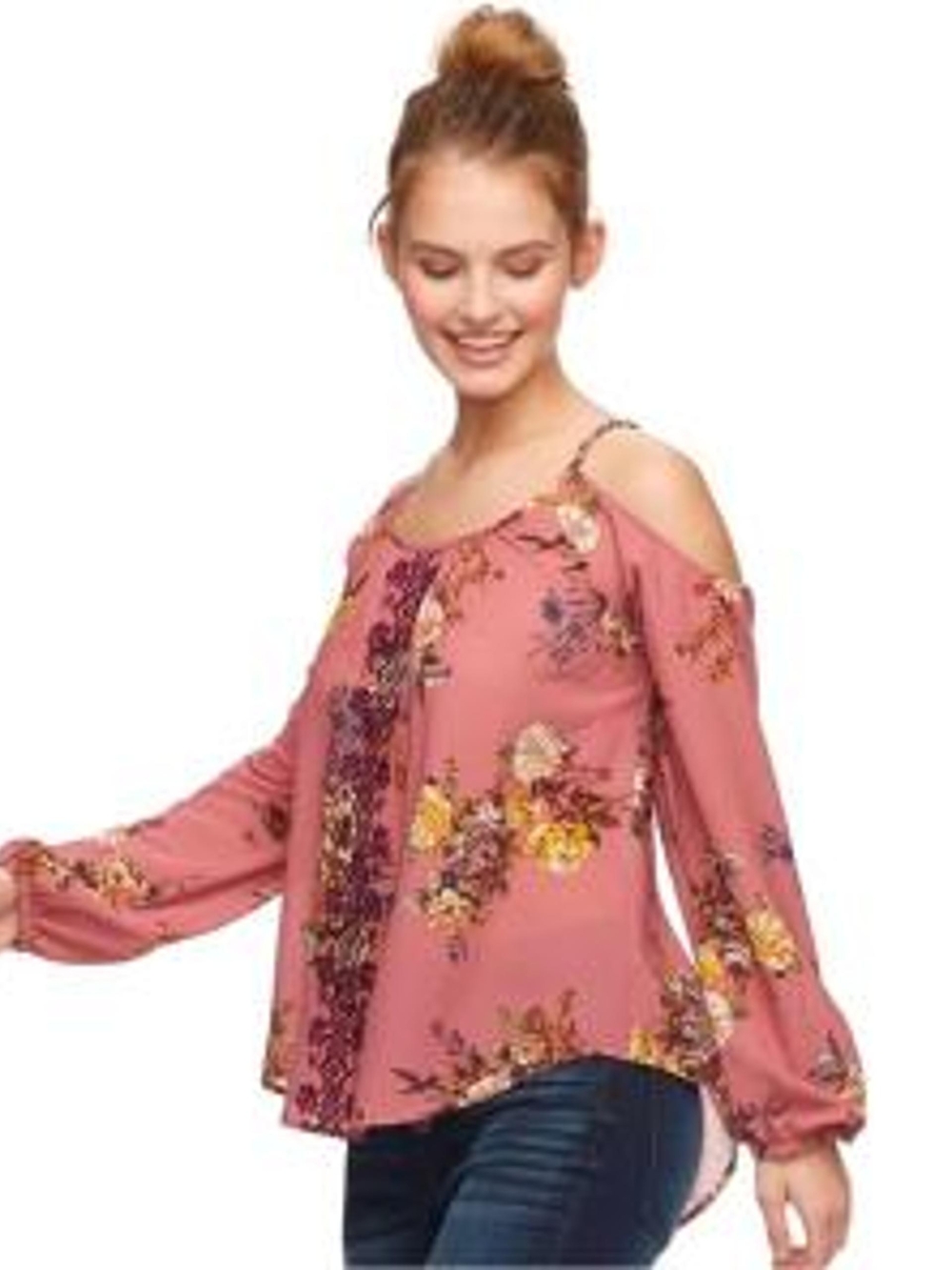 Rewind Rose-Pink Cold-Shoulder Floral Blouse